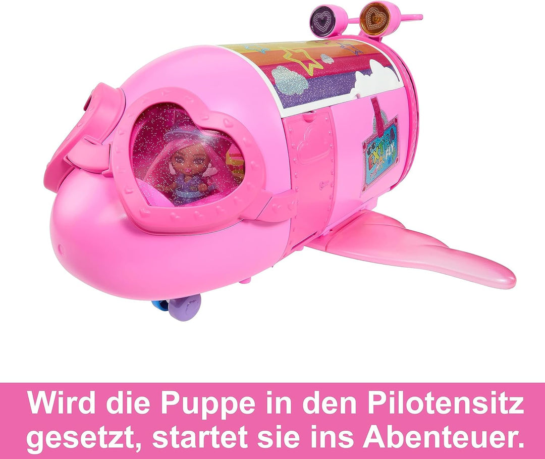BARBIE Extra Fly - Luxuriöses pinkes Flugzeug mit Mini Puppe und 15 Zubehörteilen, herzförmigen Fens