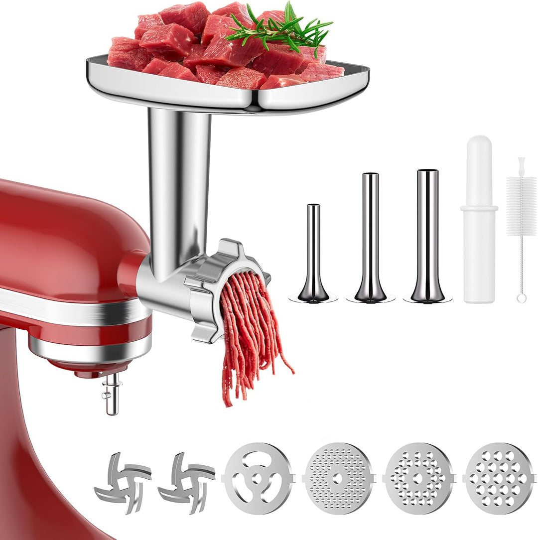 Fleischwolf Aufsatz für KitchenAid Küchenmaschine, mit 3 Wurstfüllhörner 2 Schleifklingen 4 Mahlsche