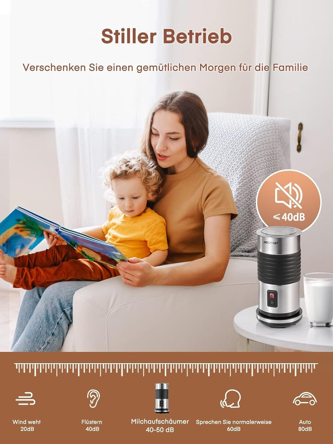 HOUSNAT Milchaufschäumer Elektrisch, 4-in-1 Milchschäumer für Heissen und Kalten Milchschaum, für La