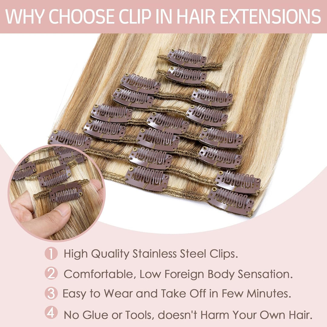 Silk-co Echthaar Clip In Extensions 8 Tressen 18 Clips 50g, Blonde Highlighted Hair Extensions, Remy