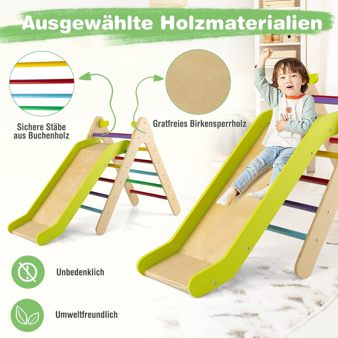 COSTWAY Kletterdreieck mit Rutsche, Klettergerüst aus Holz, Sprossendreieck zum Rutschen und Kletter