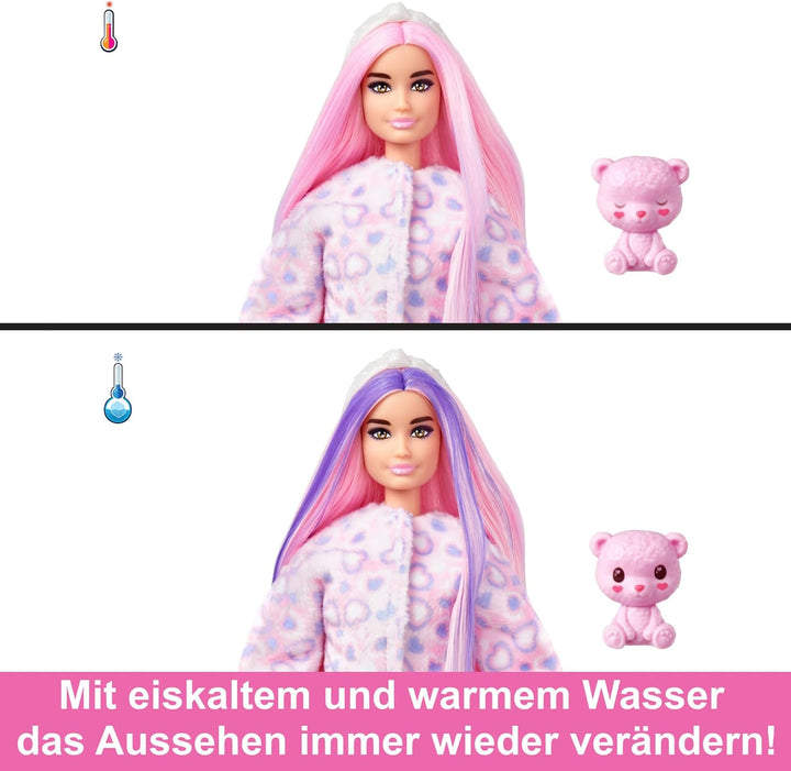 Barbie Cutie Reveal Puppe - Kuschelweiche Plüschverpackung mit 10 Überraschungen, bewegliche Puppe m