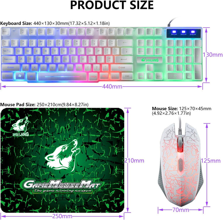 Gaming Tastatur Headset & Maus Set, 104 Tasten Rainbow Backlit UK Layout Tastatur 2400DPI Maus 7.1 S