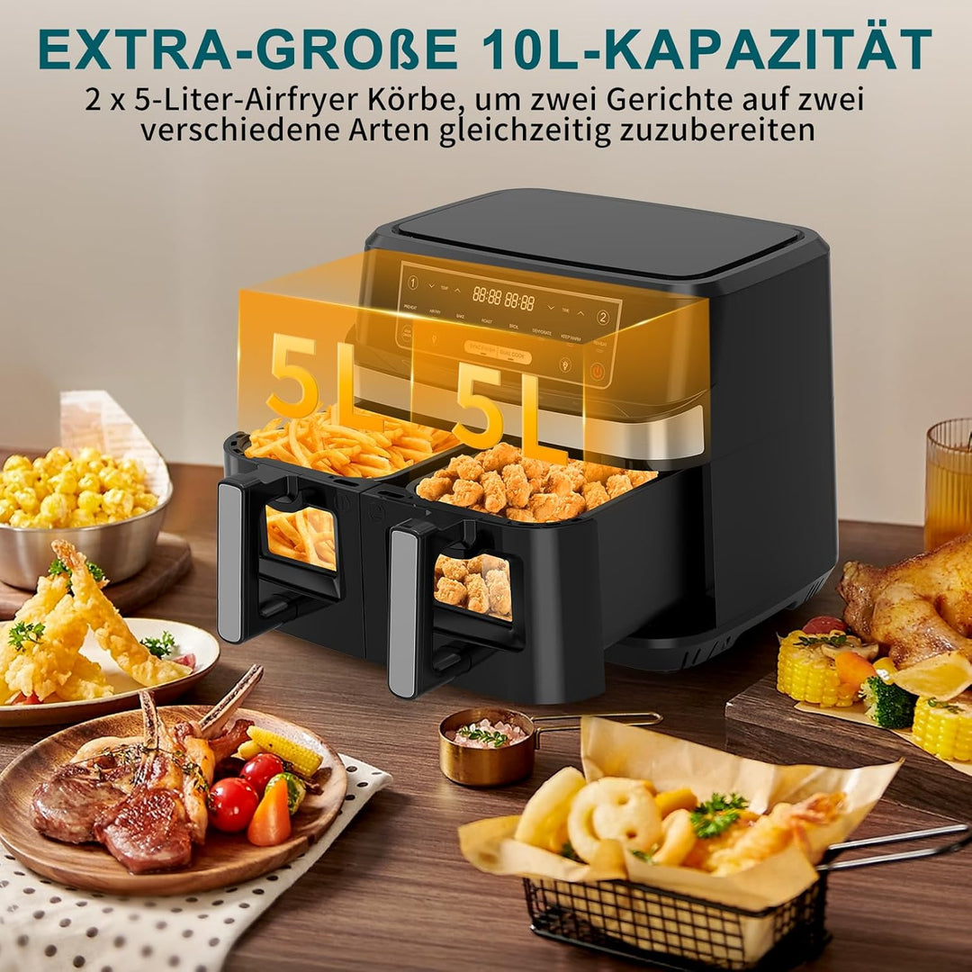 Heissluftfritteuse 2 Kammern mit Sichtfenster, 10L XXL Kapazität Doppel-Airfryer, 8-in-1 Kochvorgabe