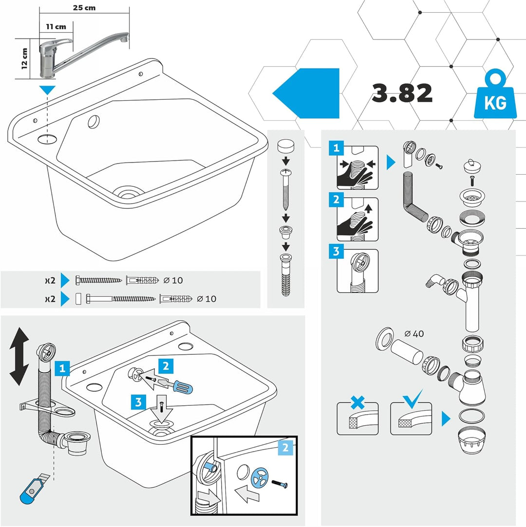 gospo Ausgussbecken mit Armatur, Siphon, 46 x 37 x 20 cm, Waschbecken aus Kunststoff, Waschtrog für
