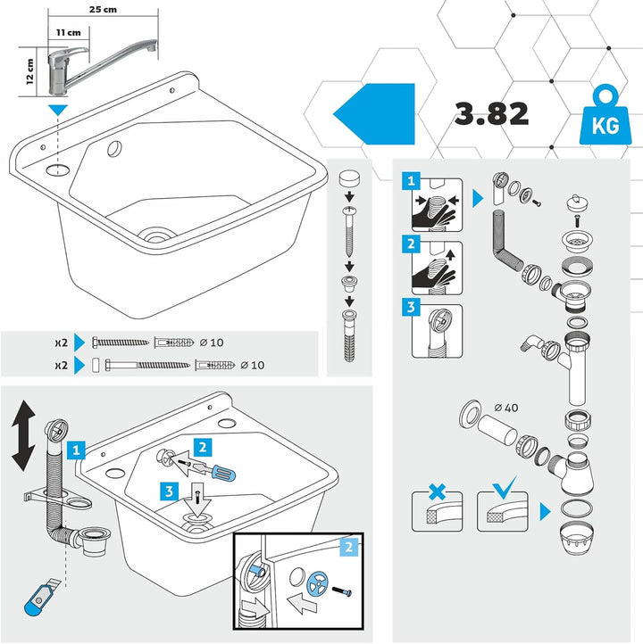 gospo Ausgussbecken mit Armatur, Siphon, 46 x 37 x 20 cm, Waschbecken aus Kunststoff, Waschtrog für