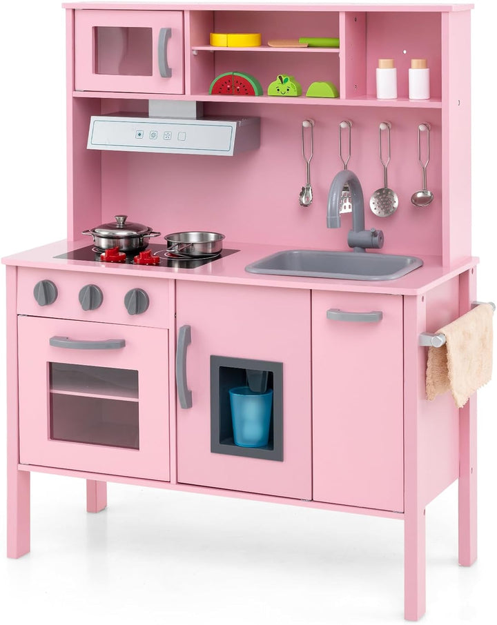 COSTWAY Kinderküche Spielküche inkl. 18 Zubehör, Kinder Küche Holz mit Spüle Mikrowelle Eismaschine