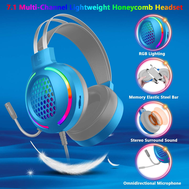 Gaming Tastatur Headset & Maus Set, 104 Tasten Rainbow Backlit UK Layout Tastatur 2400DPI Maus 7.1 S