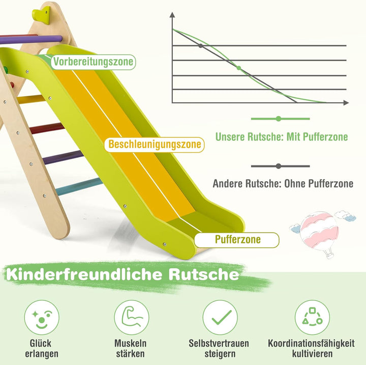 COSTWAY Kletterdreieck mit Rutsche, Klettergerüst aus Holz, Sprossendreieck zum Rutschen und Kletter
