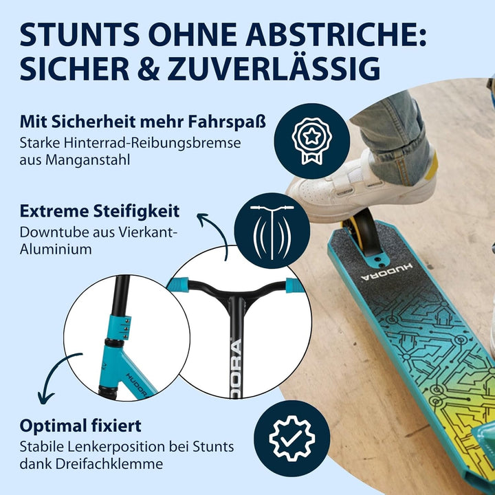 HUDORA Stuntscooter Kids - 360° Lenkung - Tretroller - ABEC 9 Kugellager - Robuster Funscooter, Kick