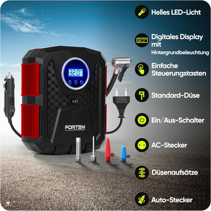 Fortem Tragbarer Kompressor Autoreifen, Kompressor Fahrrad, 12V Autoreifen Pumpe und Fahrradpumpe El