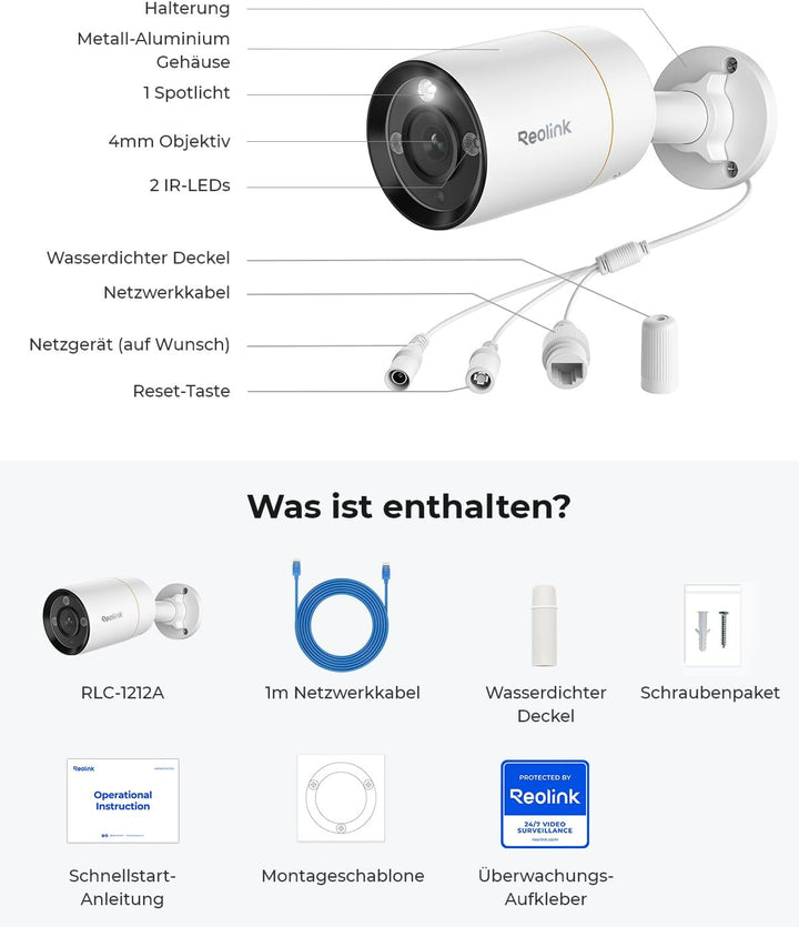 Reolink 12MP PoE Überwachungskamera Aussen mit Spotlight, Farbige Nachtsicht, Zwei-Wege-Audio, 24/7