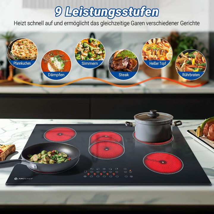 AMZCHEF Glaskeramikkochfeld 5 Zonen, Einbau Keramikkochfeld 77CM mit Ovale Zone und Dreierzone, 9 Le