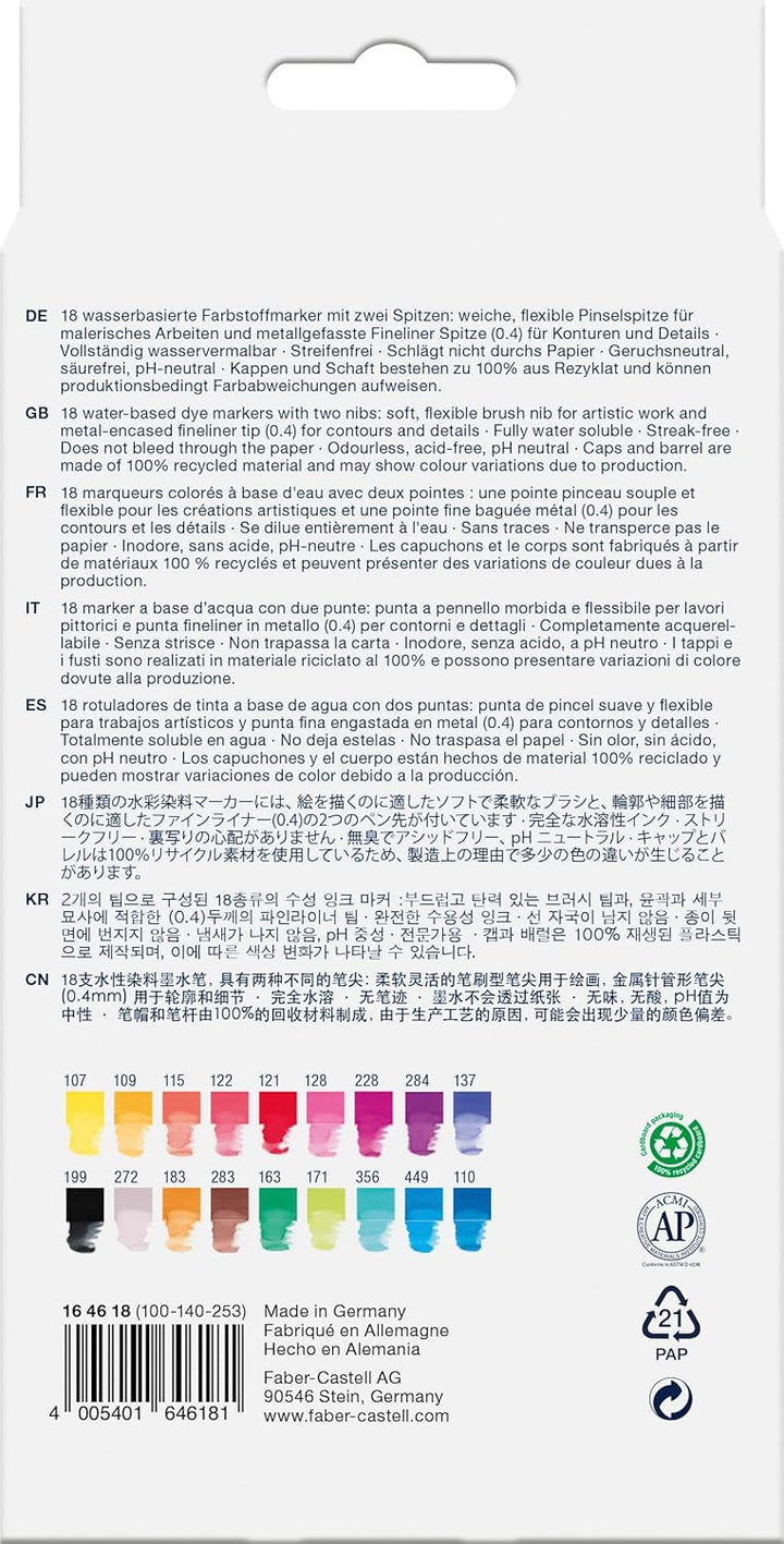 Faber-Castell 164618 - Goldfaber Aqua Dual Marker, mit Pinselspitze und Fineliner Spitze, 18er Etui