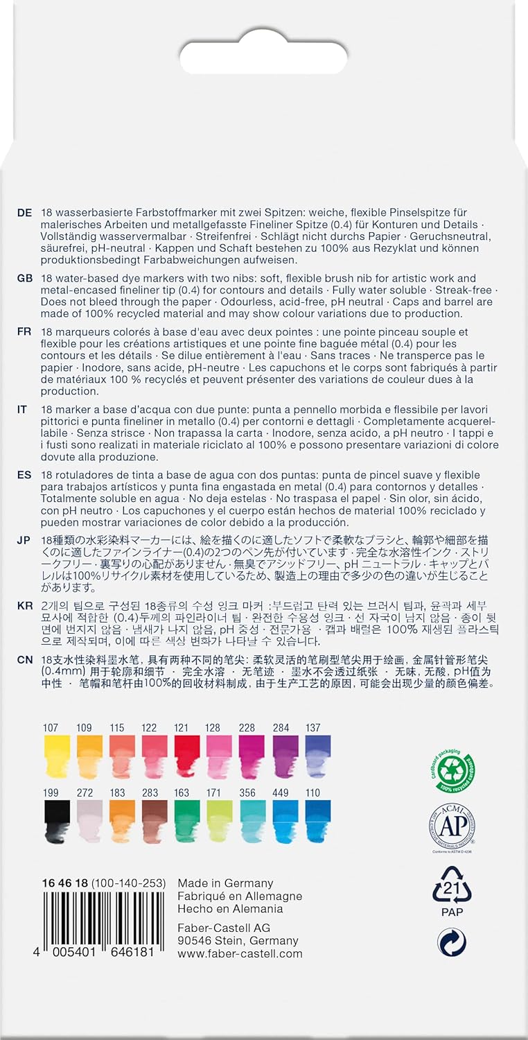 Faber-Castell 164618 - Goldfaber Aqua Dual Marker, mit Pinselspitze und Fineliner Spitze, 18er Etui