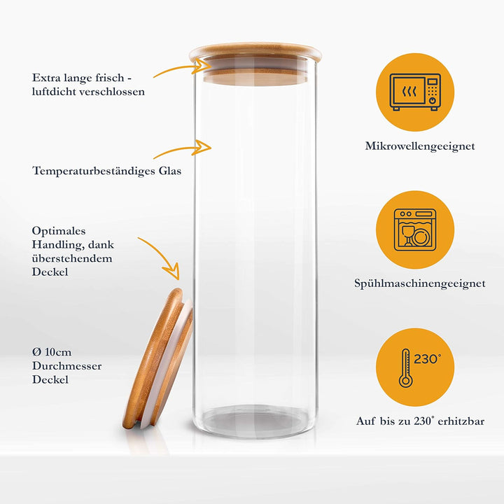 HIKITCHEN® Vorratsgläser aus 3mm dickem Borosilikatglas - Vorratsdosen Glas mit Bambusdeckel, Glasbe