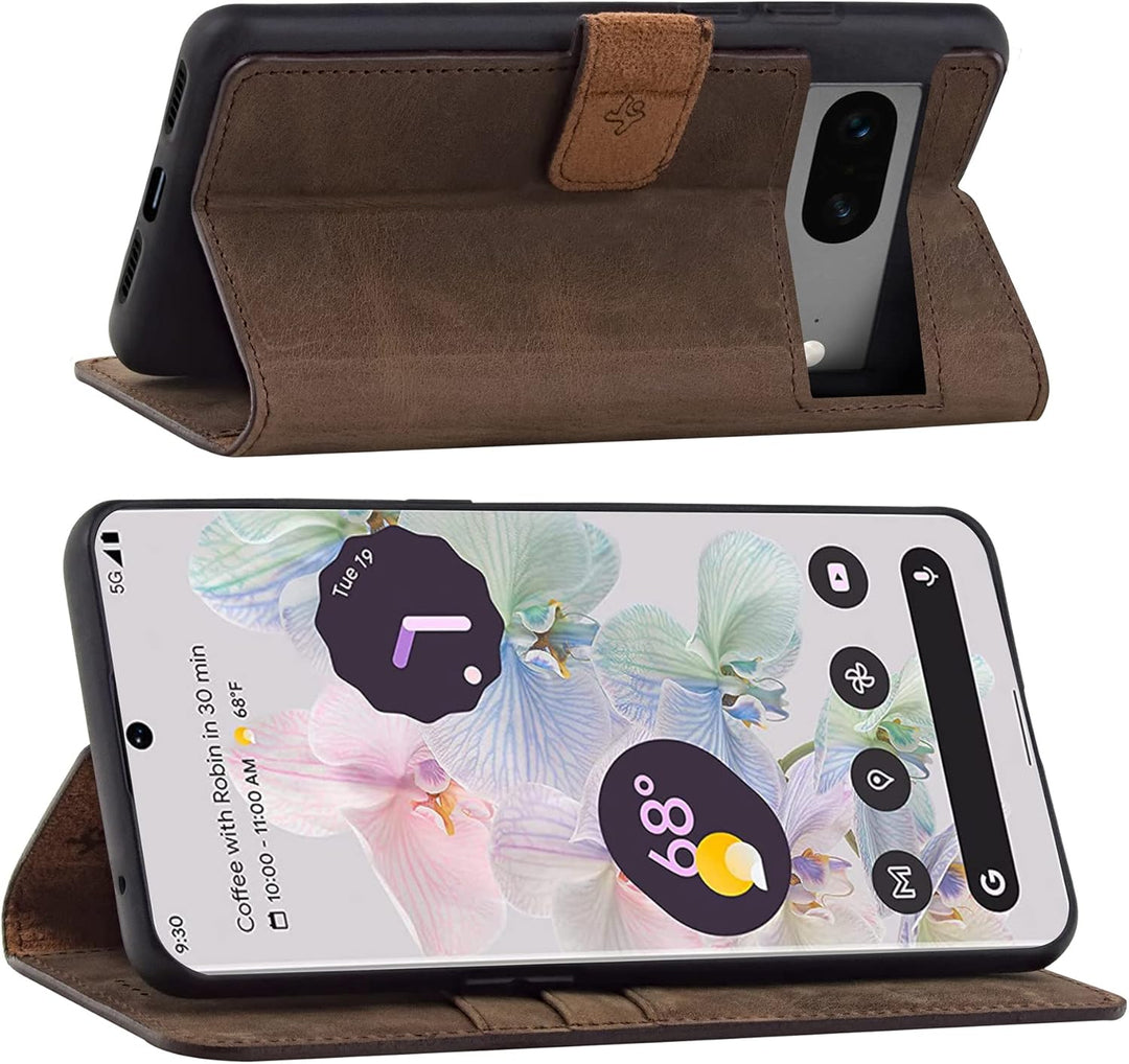 Suncase Book-Style Hülle kompatibel mit Google Pixel 7 5G Leder Tasche (Slim-Fit) Lederhülle Handyta