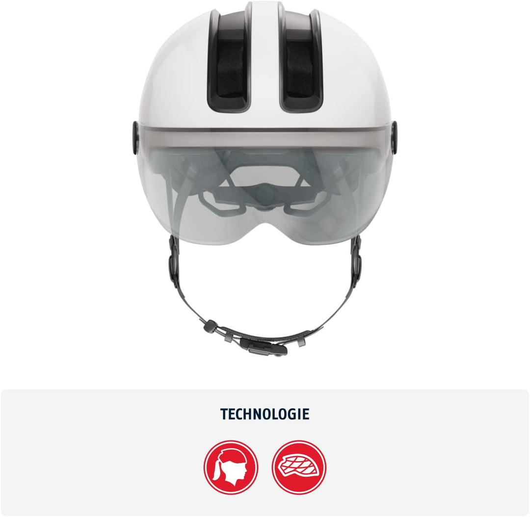ABUS Stadthelm HUD-Y ACE - stylischer Fahrradhelm mit Visier und magnetischem, aufladbarem LED-Rückl