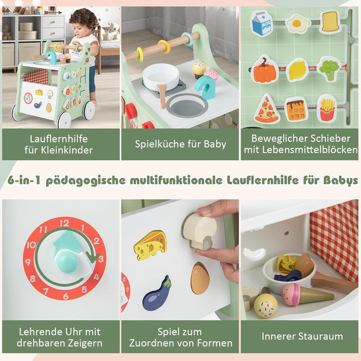COSTWAY 6 in 1 Lauflernhilfe aus Holz, Lauflernwagen mit Spielküche, Lernuhr, Formanpassung & bewegl