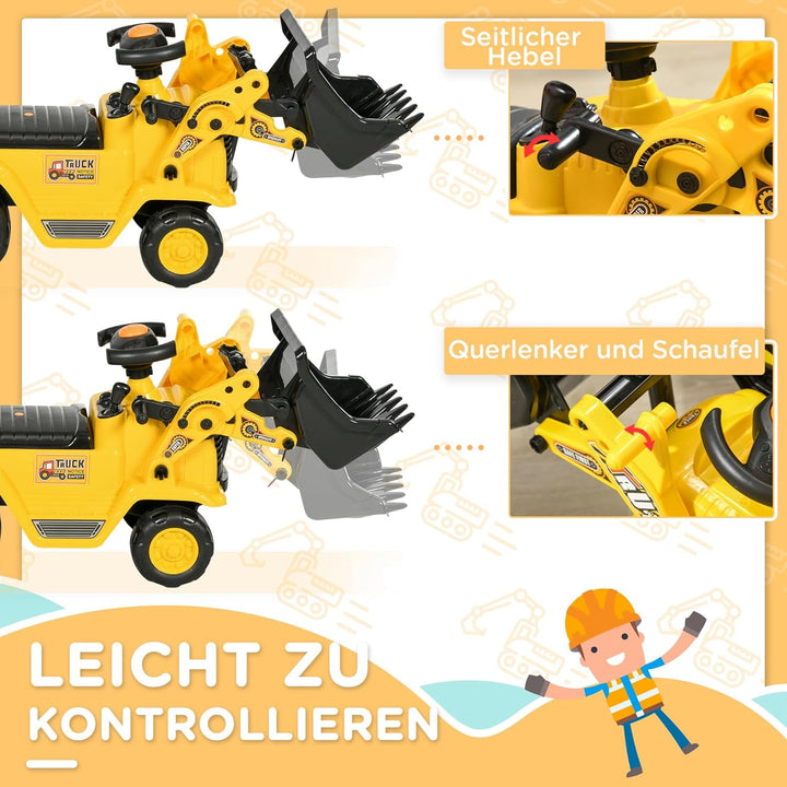 HOMCOM Sitzbagger mit eingebautem Ablagefach Kinder Rutschauto Traktor Kinderbagger mit Hupe Rutsche