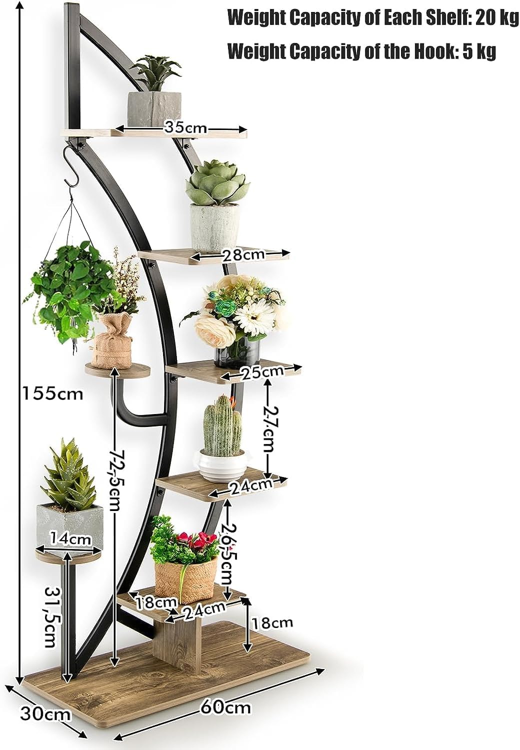 HOMASIS 6 Ebenen Blumenständer aus Metall, Pflanzenregal mit 7 Ablagen & 1 Haken, elegante Halbmondf