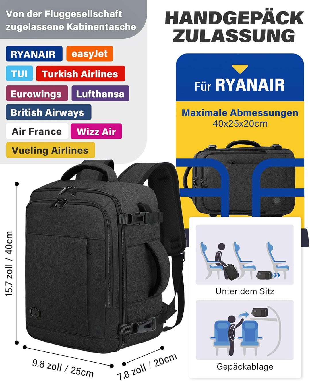 VANKEV für Ryanair Handgepäck 40x20x25 Laptop Rucksack Reiserucksack Klein Handgepäck Tasche Rucksac