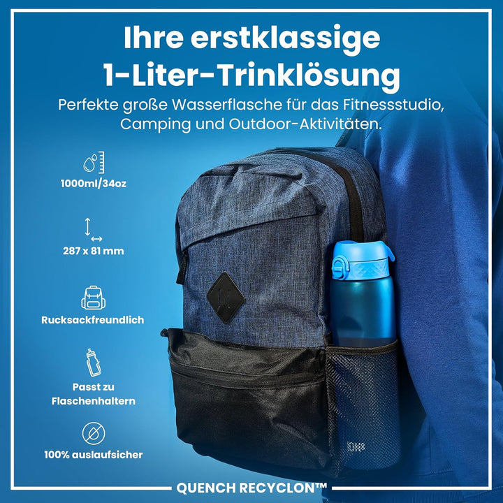 Ion8 1 Liter Trinkflasche, 1000ml, Auslaufsicher, Einhandöffnung, Sichere Verriegelung, Spülmaschine