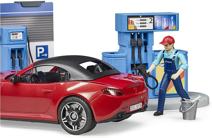 bruder 62111 - Bworld Tankstelle mit Zapfsäule, Ladestation E-Autos, Roadster, Fahrerin, Waschplatz,