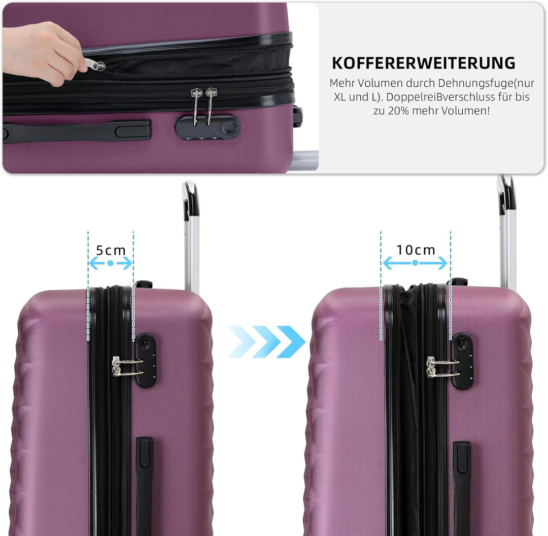 BEIBYE Zwillingsrollen 2066 Hartschale Trolley Koffer Reisekoffer Gepäck M-L-XL-Set (Violett, Set) V