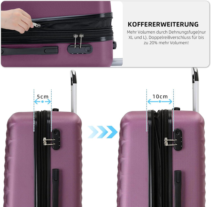 BEIBYE Zwillingsrollen 2066 Hartschale Trolley Koffer Reisekoffer Gepäck M-L-XL-Set (Violett, Set) V