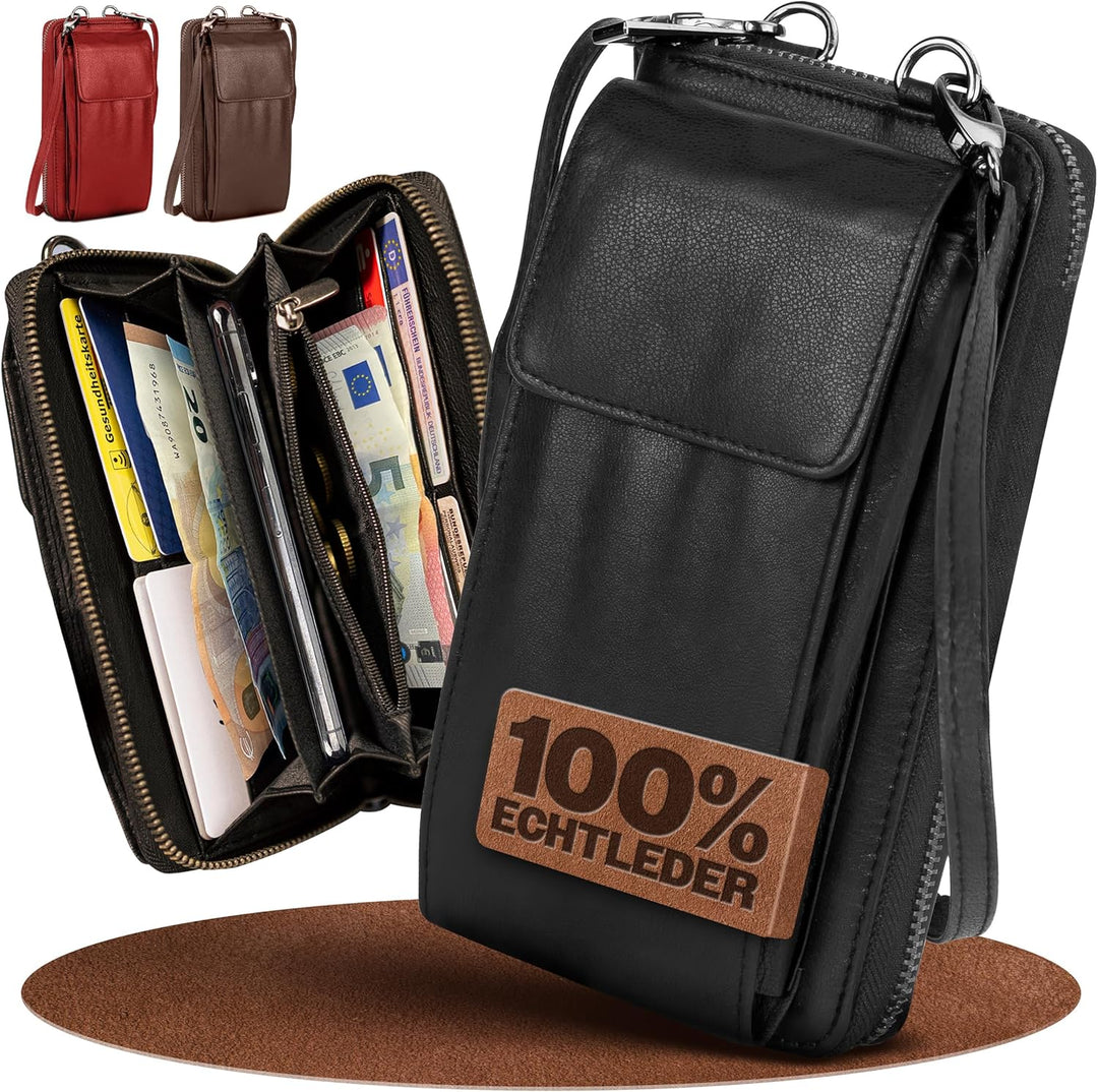 FLEXIBILITE® Handytasche zum Umhängen aus echtem Leder I EXTRA leicht 220 g mit RFID I Handy Portemo
