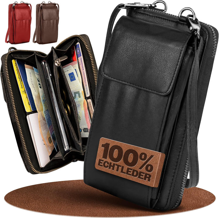 FLEXIBILITE® Handytasche zum Umhängen aus echtem Leder I EXTRA leicht 220 g mit RFID I Handy Portemo