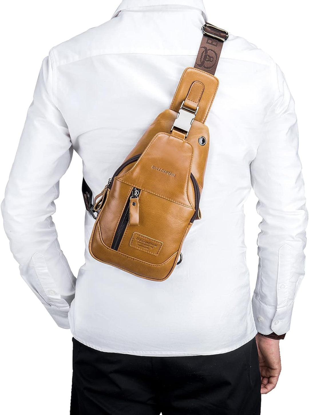 LOONGYOON Herrenbrusttasche aus Leder Umhängetasche mit Kopfhöreröffnung Studie über Sportreisen Mul