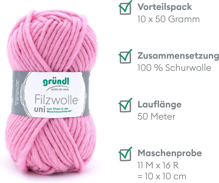 Gründl Filzwolle uni (Wolle zum Filzen, Stricken und Häkeln, Garn aus 100 % Schurwolle, 50 g / 50 m,