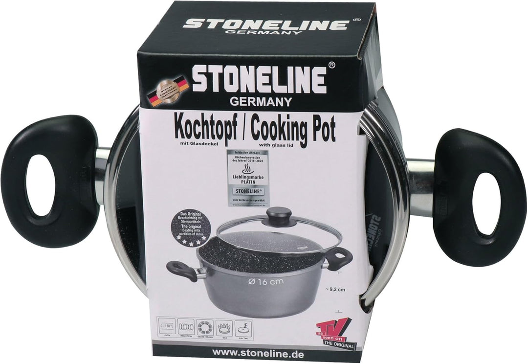 Stoneline Kochtopf 16 cm, mit Deckel, Induktion, Aluguss, beschichtet mit echten Steinpartikeln, gra