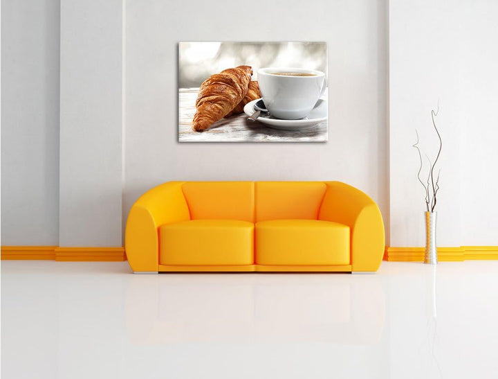 Frisches Croissant und Kaffee Format: 100x70 auf Leinwand, XXL riesige Bilder fertig gerahmt mit Kei