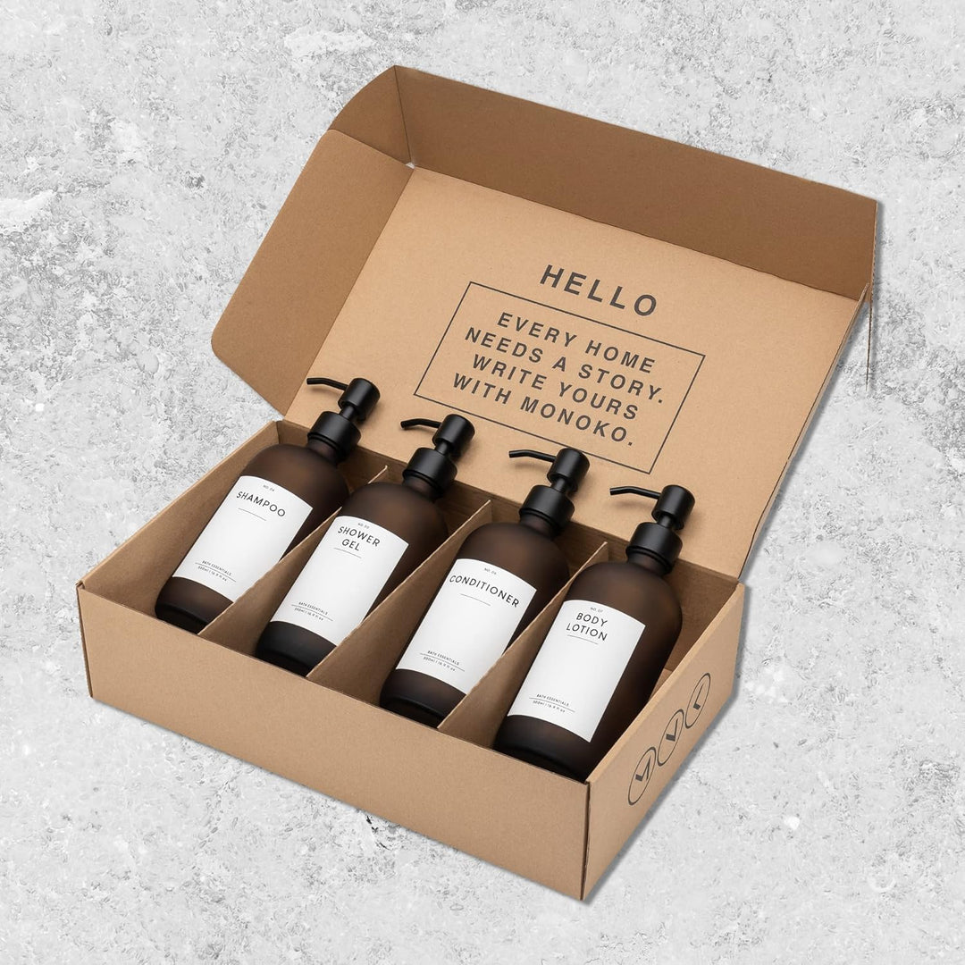MONOKO 4er Set Seifenspender Braun Matt aus Glas | 500ml Shampoo Flaschen zum Befüllen | Spülmittels