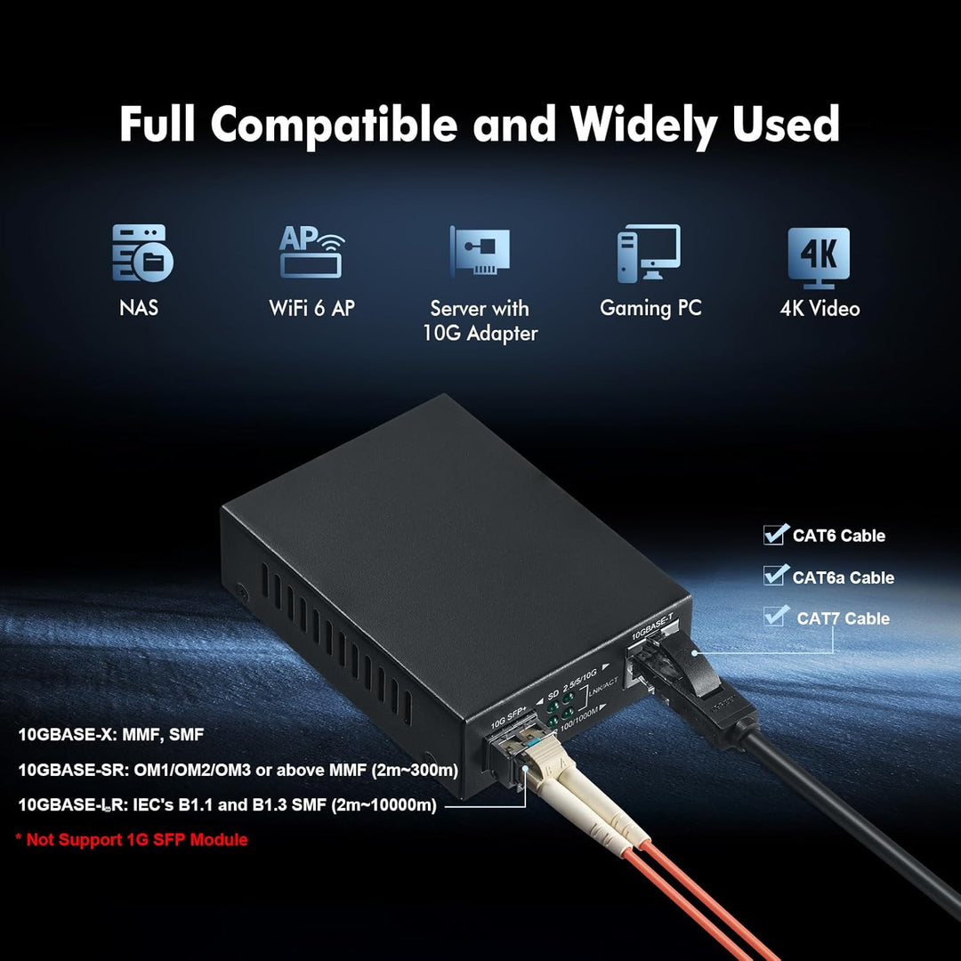 Binardat 10G Fiber Media Coverter, 2 Port 10 Gigabit Ethernet Switch, 1 x 10G RJ45 Port, 1 x 10G SFP