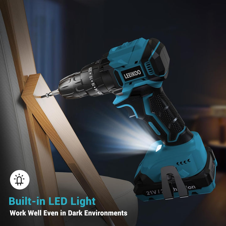 LEEIKOO Bürstenloser Akkuschrauber 21V, Akku Bohrschrauber mit 2 Akkus 2,0Ah, 45N.m Drehmoment, 20+3