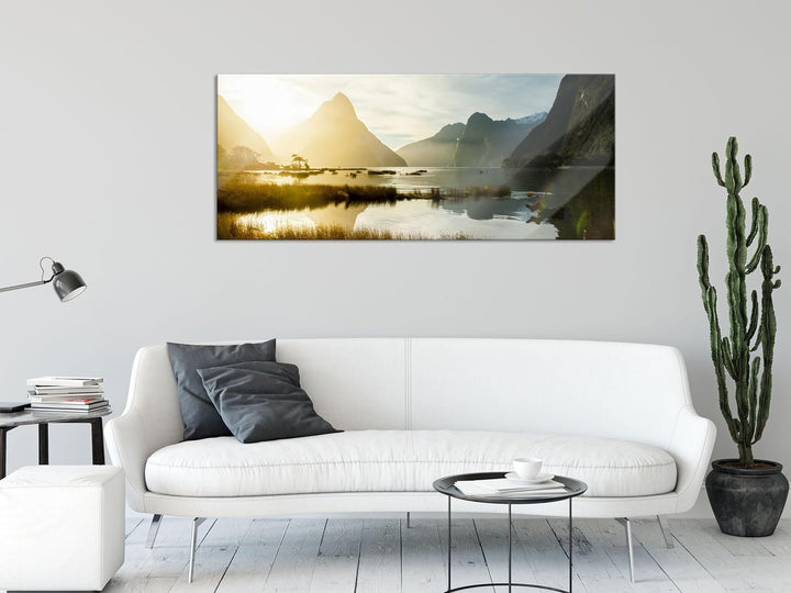 Glasbild Panorama | Wandbild aus Echtglas | Milford Sound Neuseeland | 100x40 cm | inkl. Aufhängung