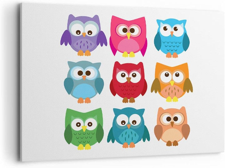 Bilder auf Leinwand 100x70cm Leinwandbild Eulen Bunt Kinder Zeichnung Gross Wanddeko Bild Schlafzimm
