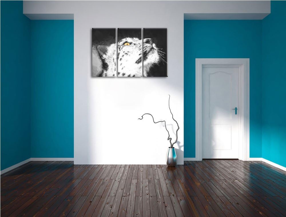 aufschauender Schneeleopard schwarz/weiss Deluxe 3-Teiler Leinwandbild 120x80 Bild auf Leinwand, XXL