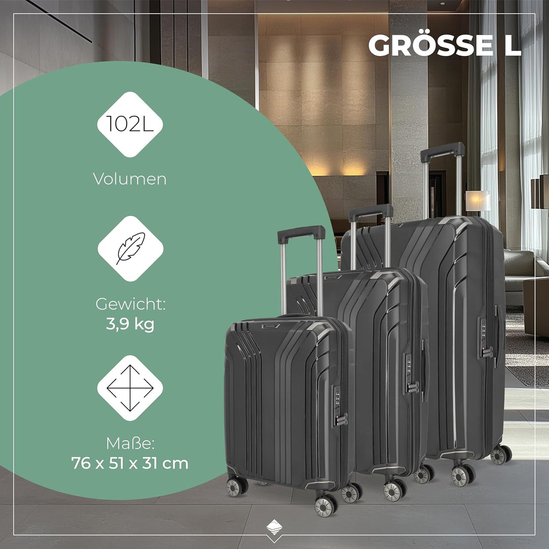 travelite Kofferset 3 teilig Hartschale nachhaltig, Grössen S-M-L, ELVAA, Hartschalenkoffer Set mit