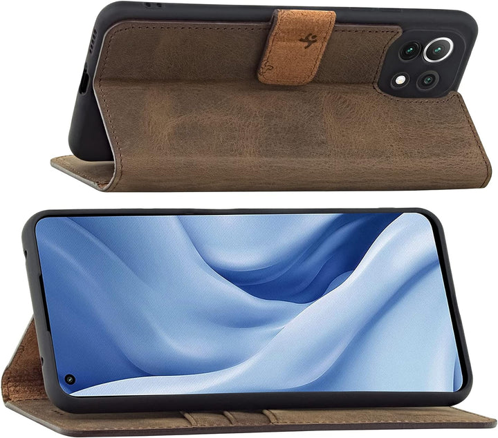 Suncase Book-Style Hülle kompatibel mit Xiaomi Mi 11 Lite 5G Leder Tasche (Slim-Fit) Lederhülle Hand