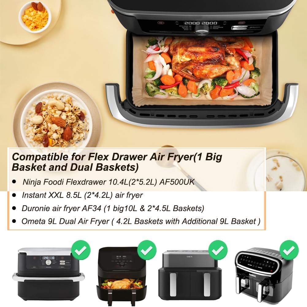 BYKITCHEN 150pcs Airfryer Backpapier für Ninja Flex Drawer Dual Zone AF500EU 10,4L Heissluftfritteus