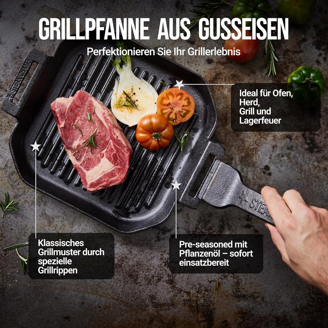 STEAK CHAMP Gusseisen Grillpfanne - Grillpfanne aus Gusseisen 26cm (quadratisch) mit abnehmbaren Gri