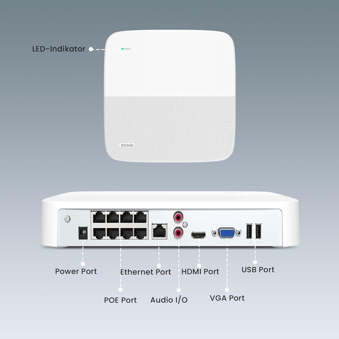 Tenda NVR Überwachungssystem Rekorder 4K, 8CH PoE NVR Recorder, 250m Langstreckenübertragung, H.265+
