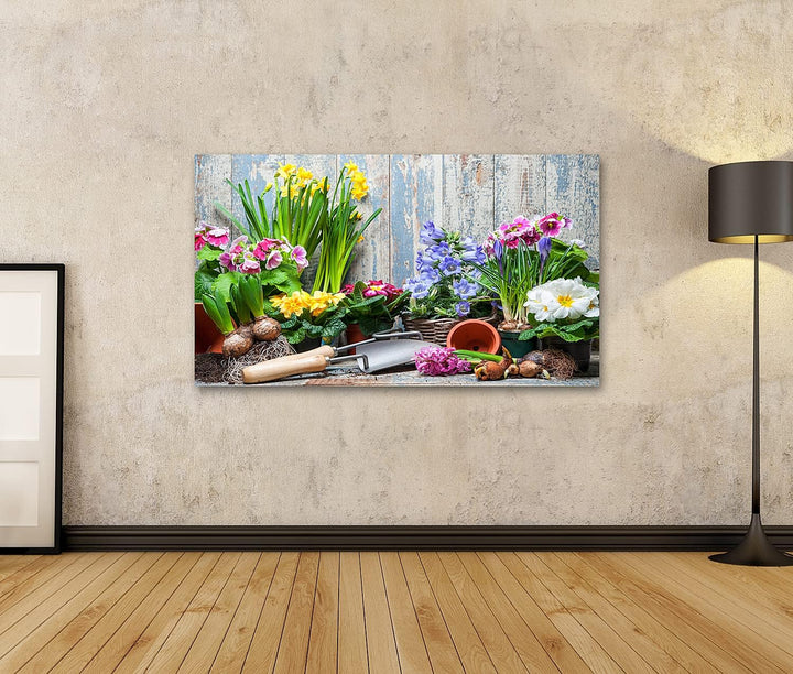 islandburner Bild auf Leinwand Blumengarten Bunte Blumen Töpfe Erde Vor Holzwand Bilder Wandbilder P