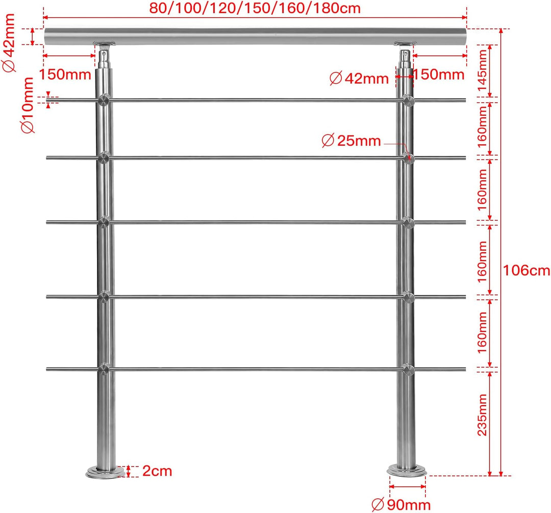 Daromigo 180cm Edelstahl Handlauf GelÀnder mit 5 Querstreben, Handlauf Winkelverstellbar, à 42mm Tre