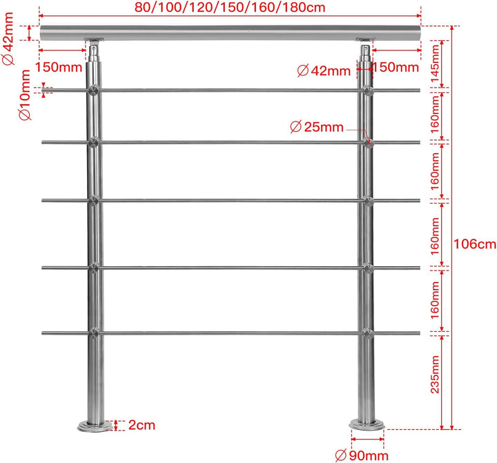 Daromigo 180cm Edelstahl Handlauf GelÀnder mit 5 Querstreben, Handlauf Winkelverstellbar, à 42mm Tre